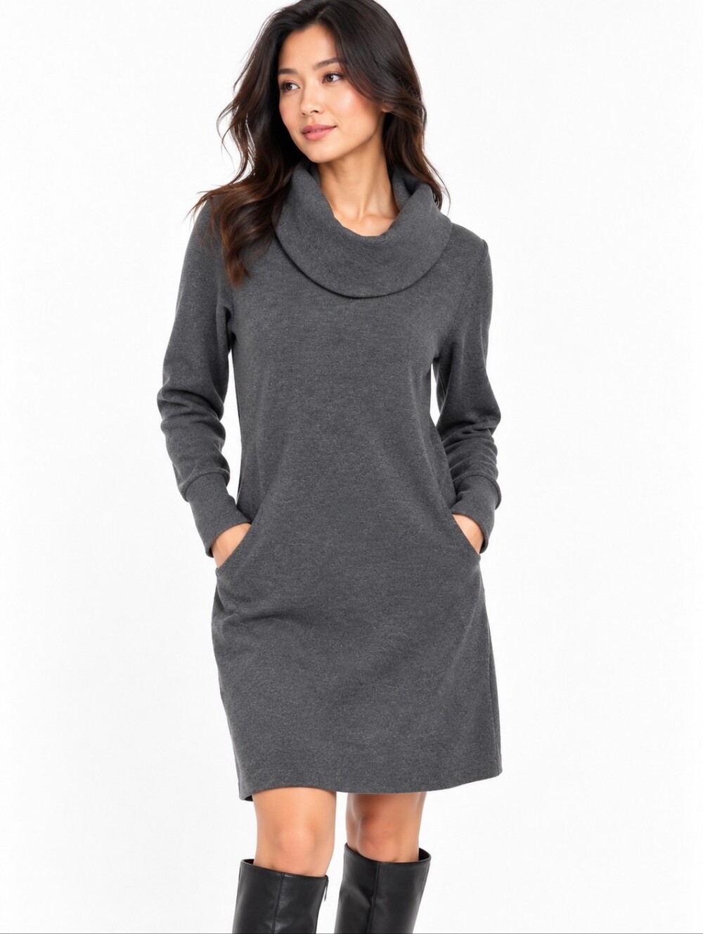 Merrell Indira Grey Dress Cowl Neck Sweater Pockets Stretch Knit Size L